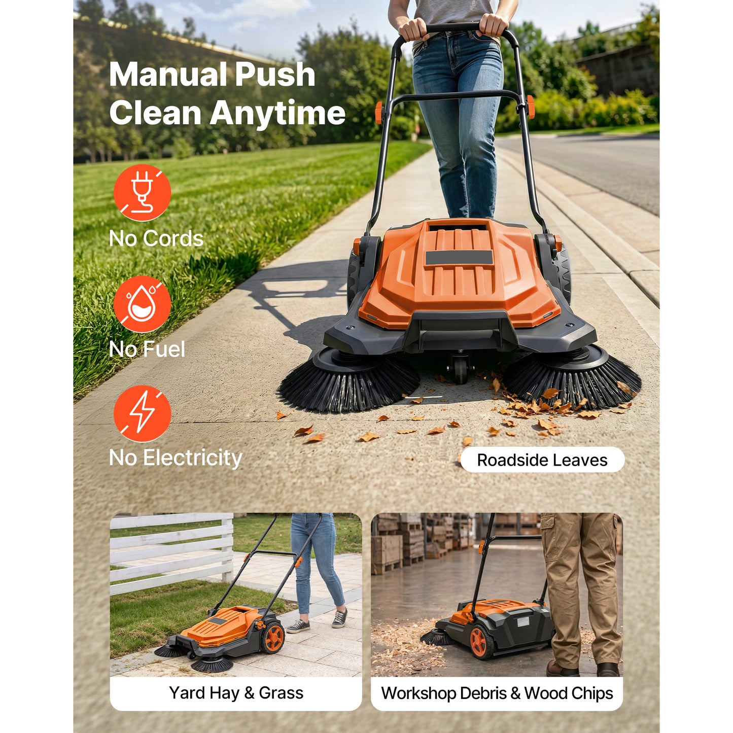 Walk-Behind Hand Push Floor Sweeper - Manual, 25.6-Inch Width, 5-Gallon Waste Bin, Adjustable Folding Handle for Yards & Garages