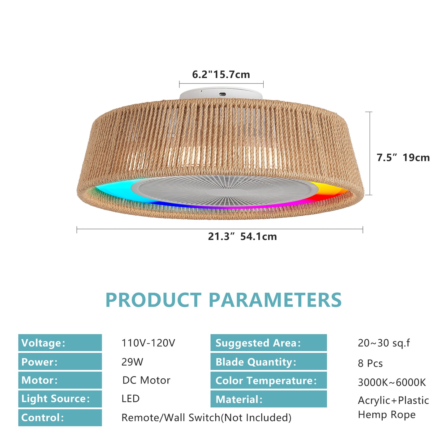 Modern Rustic Ceiling Fan Light with LED RGB Mood Lighting