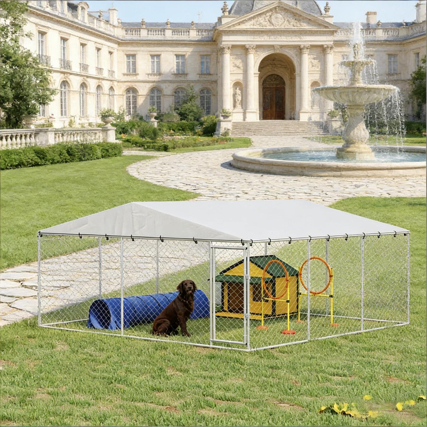Large Outdoor Dog Kennel - Silver Heavy-Duty Chain Link