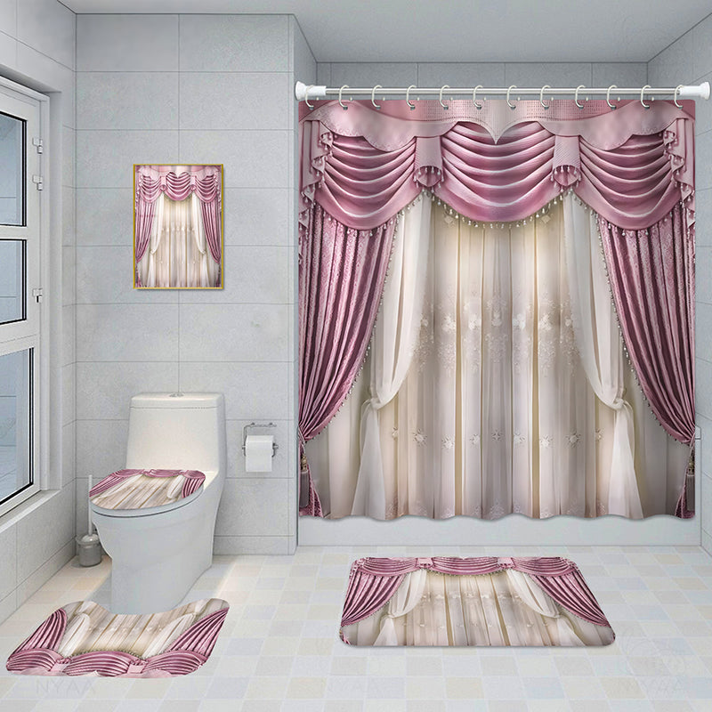 Bathroom 5-Piece Shower Curtain Set with Mat and Decorative Aluminum Frame