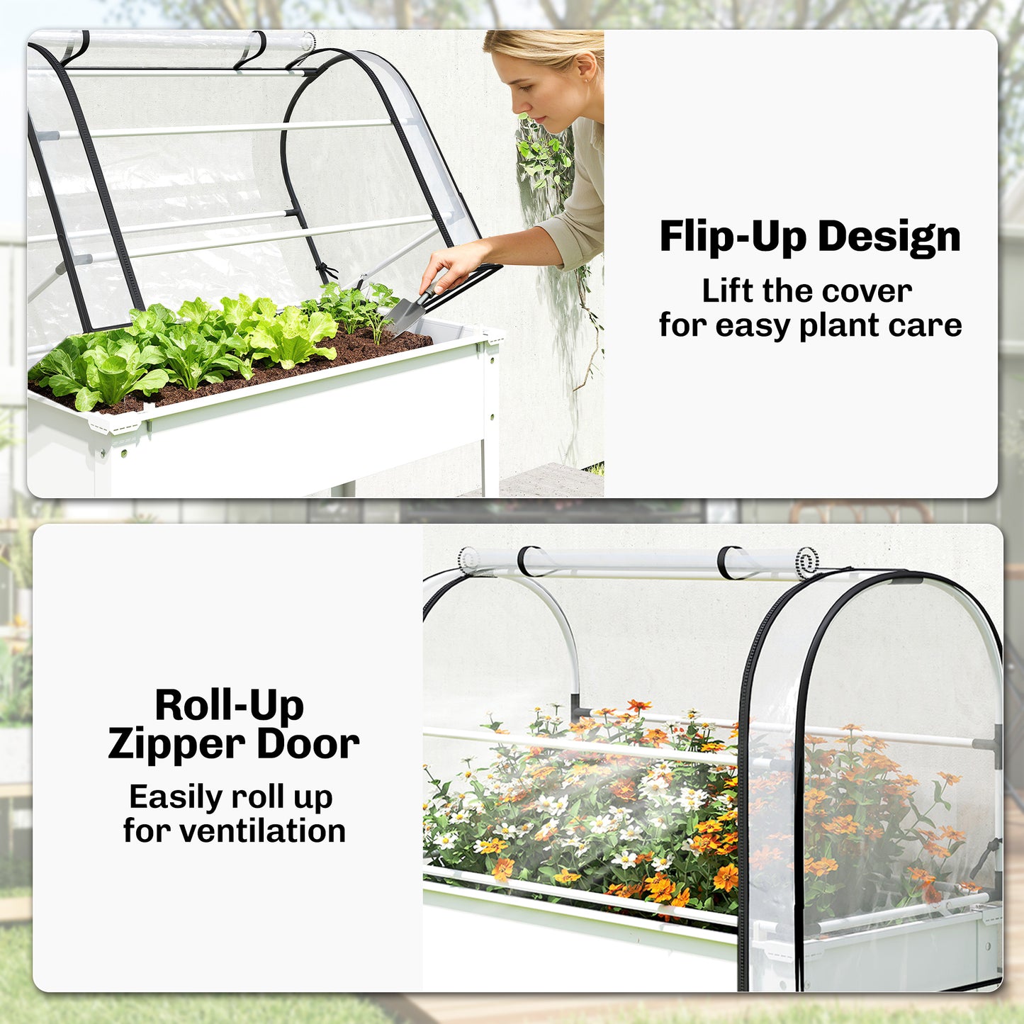 Raised Garden Bed with Flip-Up Greenhouse Cover - Metal Elevated Planter with Drainage, White, 1110x510x85 mm