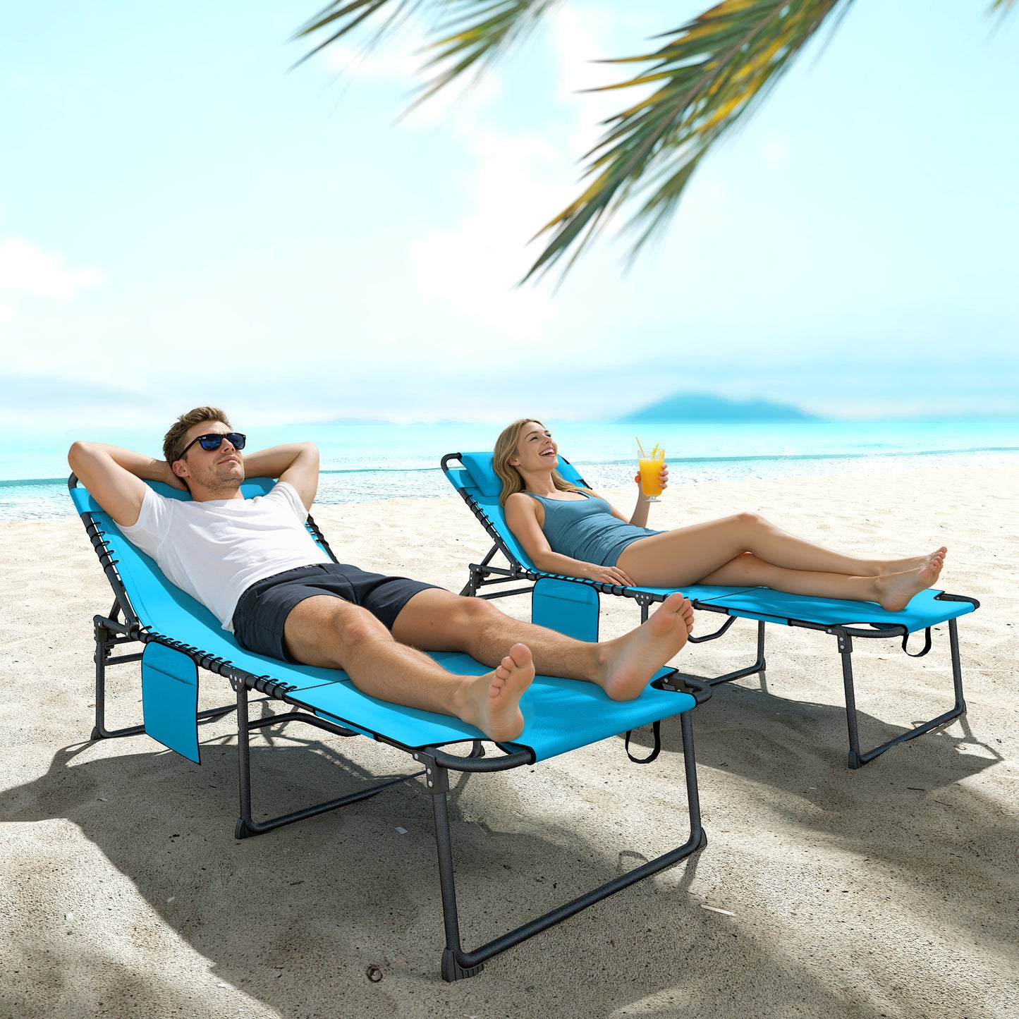 Folding Chaise Lounge Chairs - 2 Piece Set with Reclining Backrest & Side Pocket - Blue