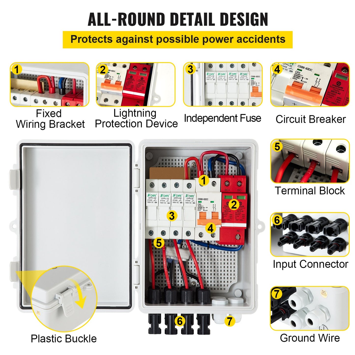 PV Combiner Box 4 String IP65 Waterproof Solar Panel Fuse Circuit Breaker Grey