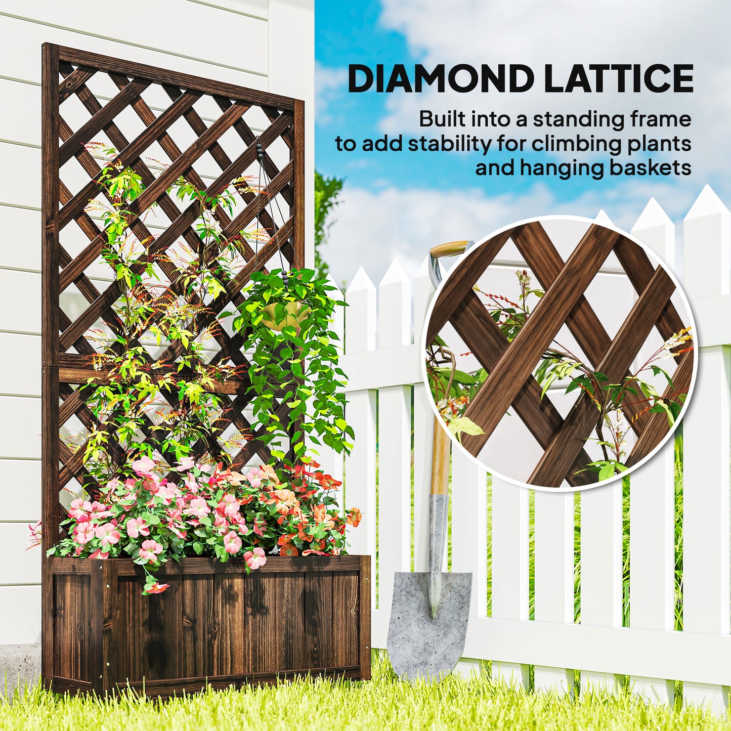 Wooden Raised Garden Bed Planter Box with Trellis and Drain Holes - Brown, 820x820x85 mm