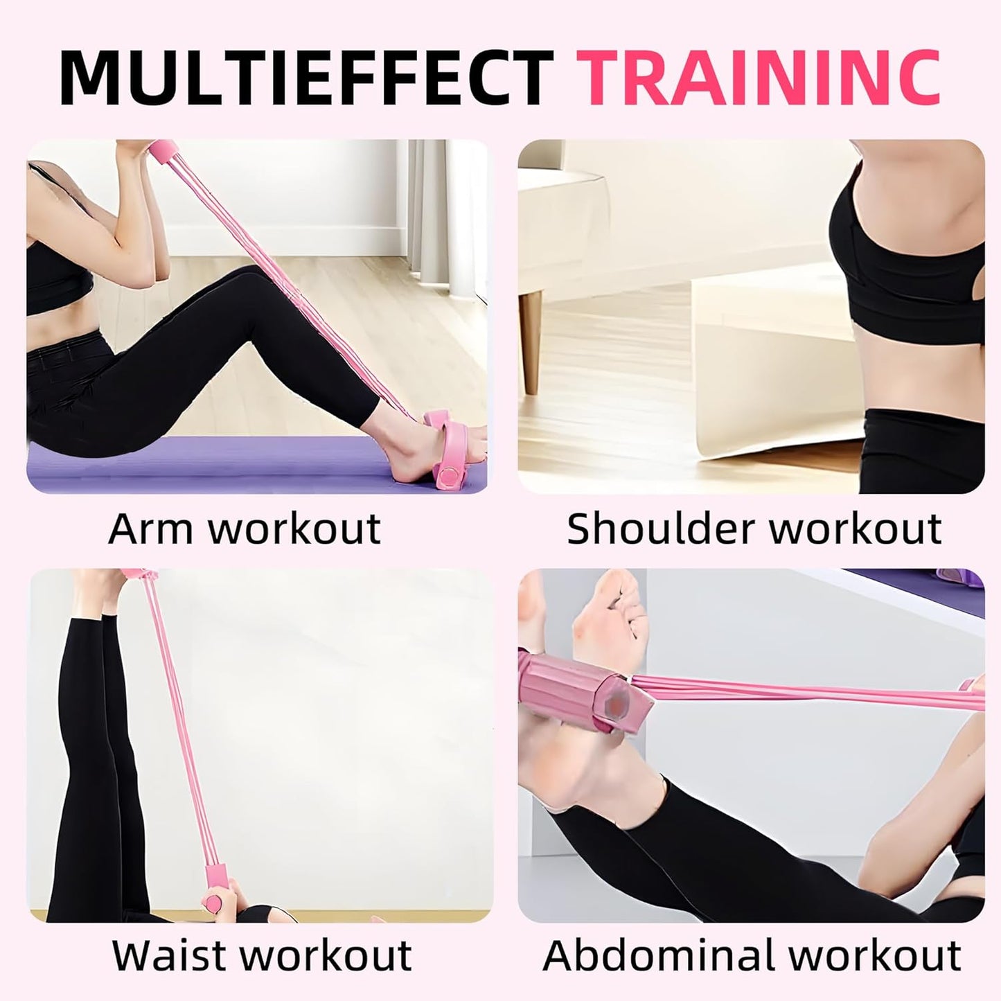 Multifunction Resistance Band - 4-Tube Elastic Pull Rope for Yoga & Strength Training - Pink
