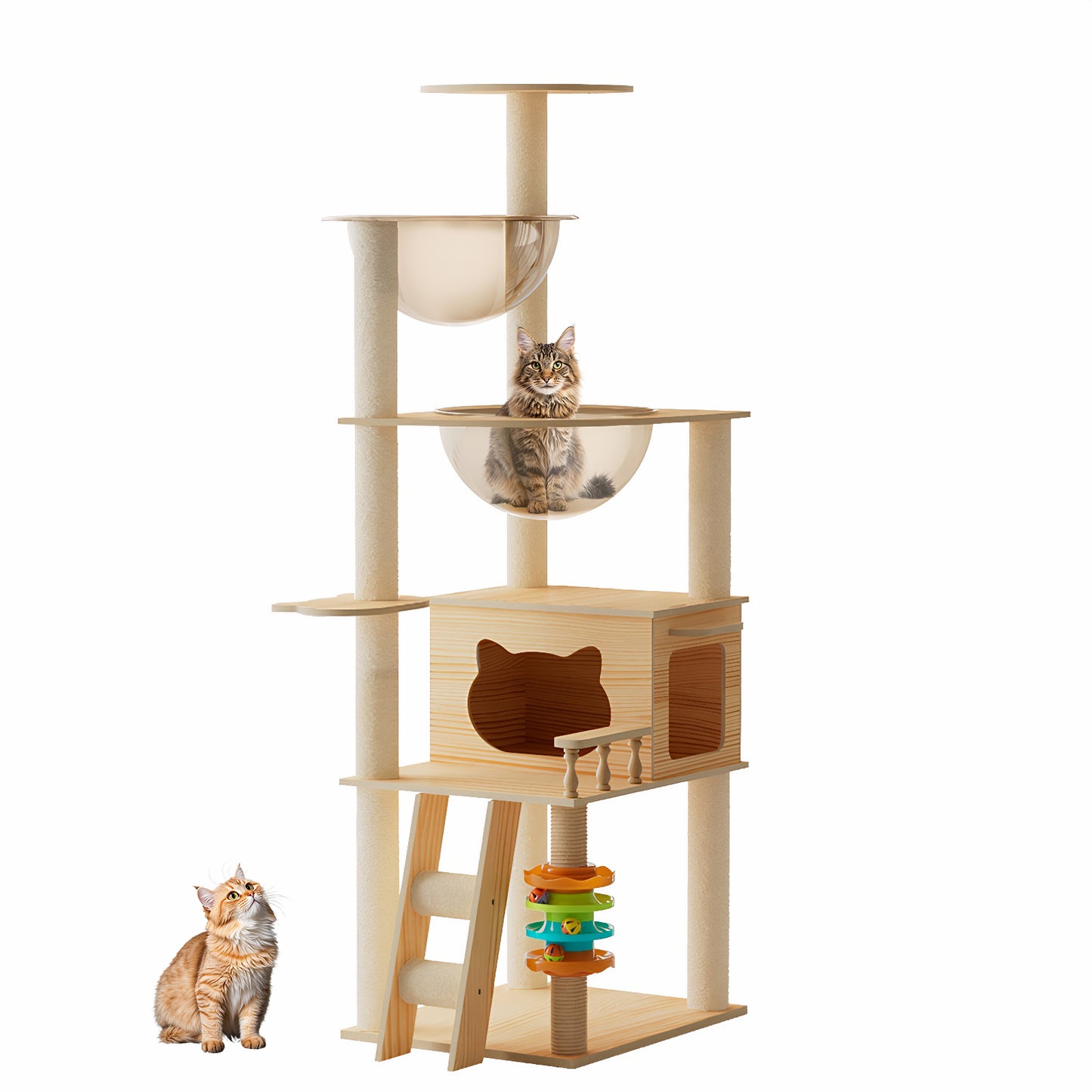 59-Inch Modern Wooden Cat Tower with Sisal Scratching Posts, Top Perch & Acrylic Hammock