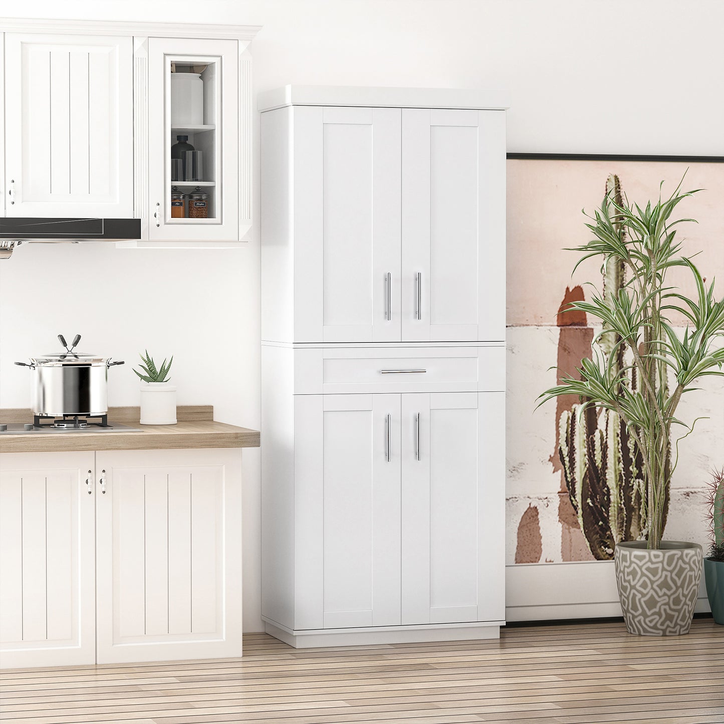 White Kitchen Pantry Cabinet with Adjustable Shelves & Drawer