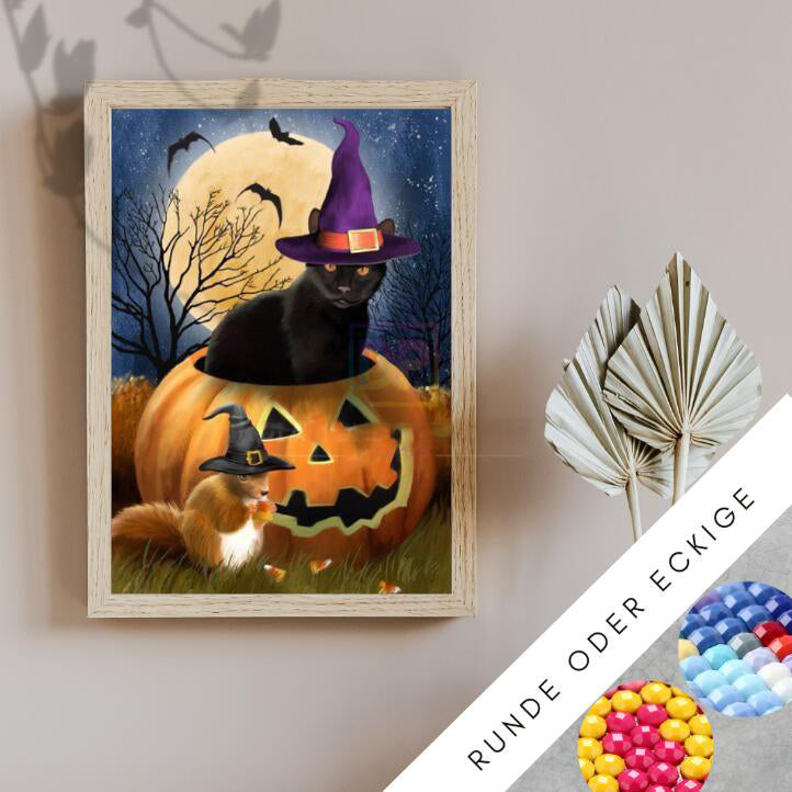 Halloween Cat in Pumpkin House Diamond Painting Kit - 50x70cm, A4 Size