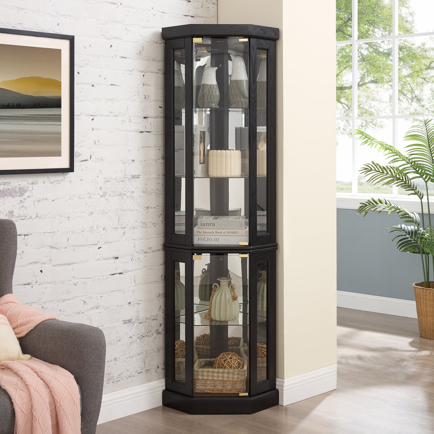 Lighted Corner Curio Cabinet - Display Case For Living Room, Antique