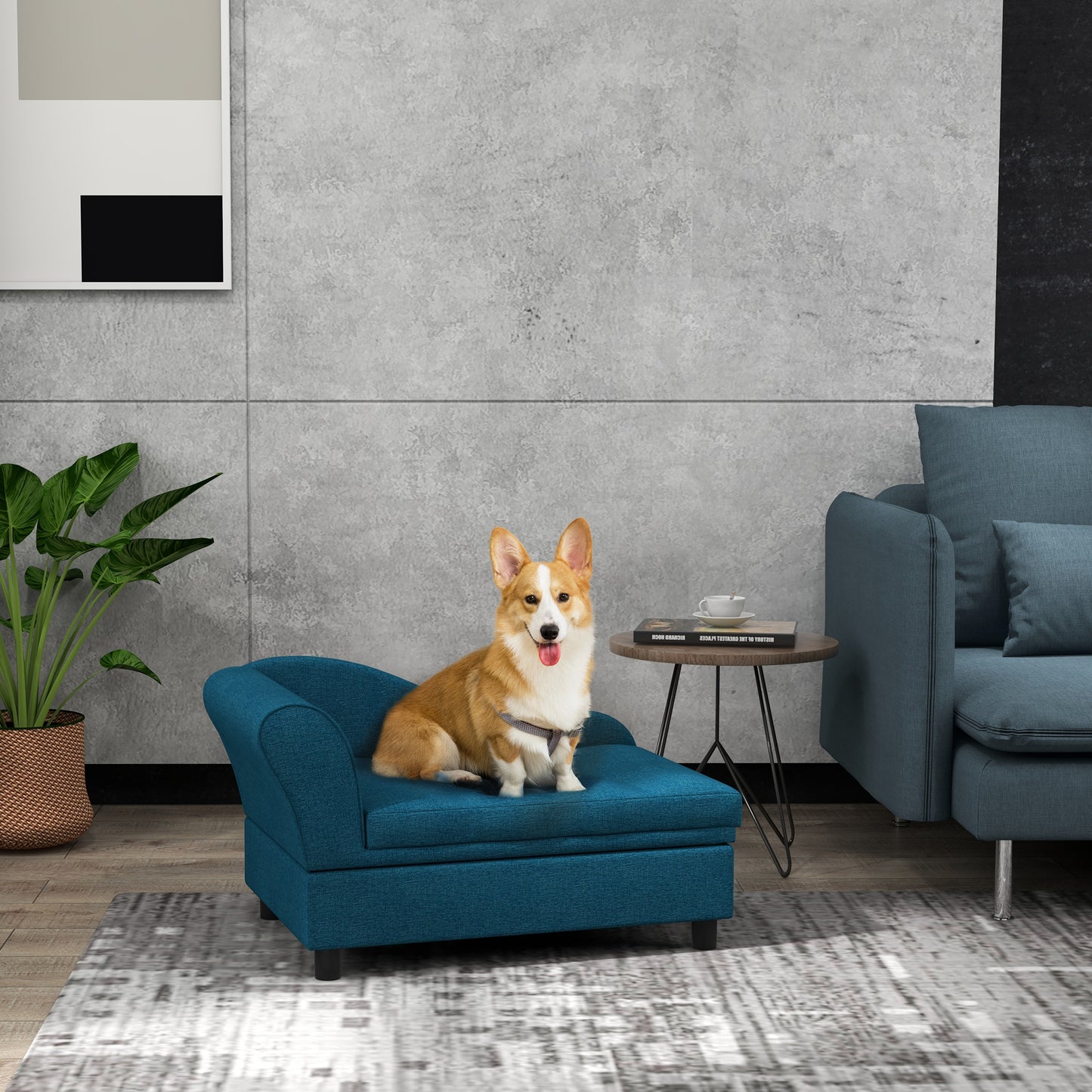 Small Dog Sofa Bed with Storage - Dark Blue Pet Couch for Comfort & Organization