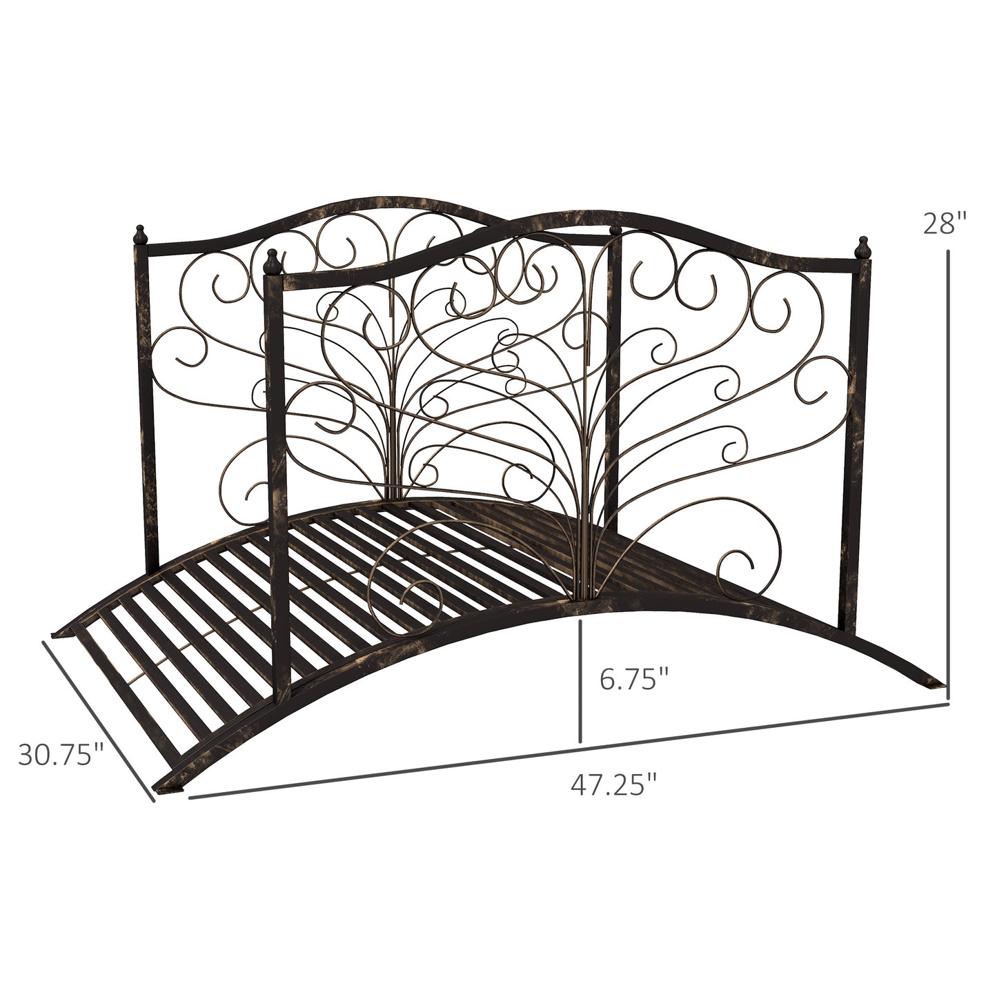 4-Foot Metal Garden Bridge with Scrollwork & Safety Siderails, Easy Assembly, Black or Bronze