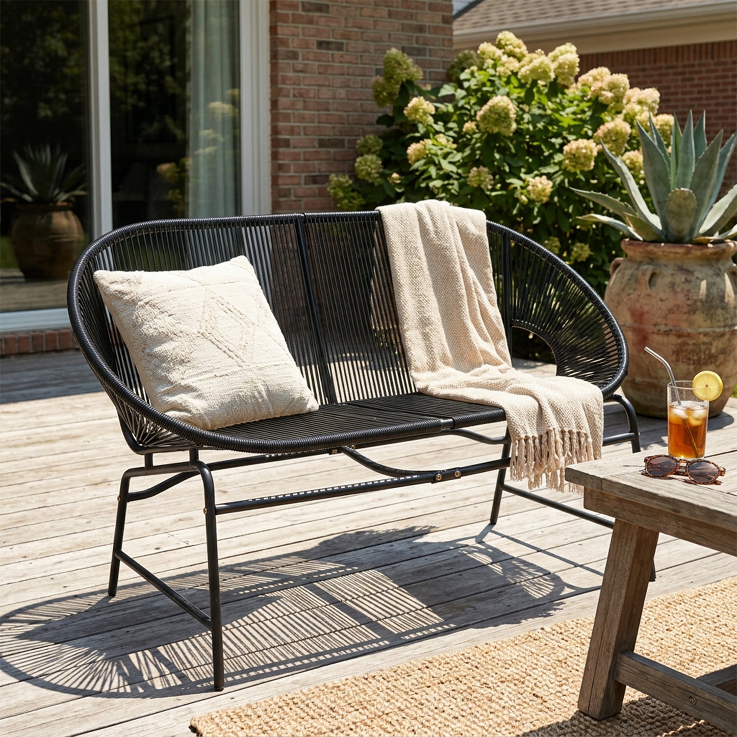 CONDESSA OUTDOOR PATIO WICKER LOVE SEAT, BLACK PE RATTAN & IRON