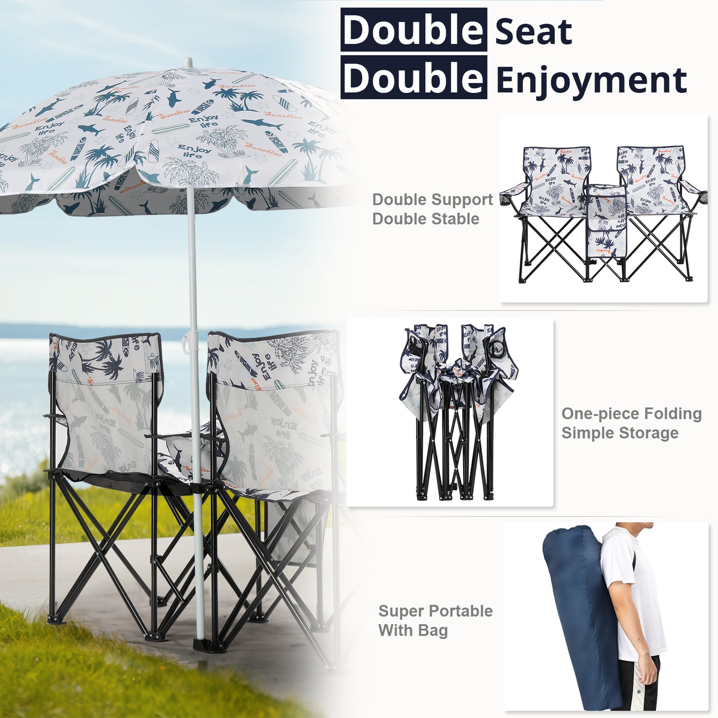 Portable Outdoor 2-Seat Fishing Chair with Removable Umbrella - Coconut Tree Pattern