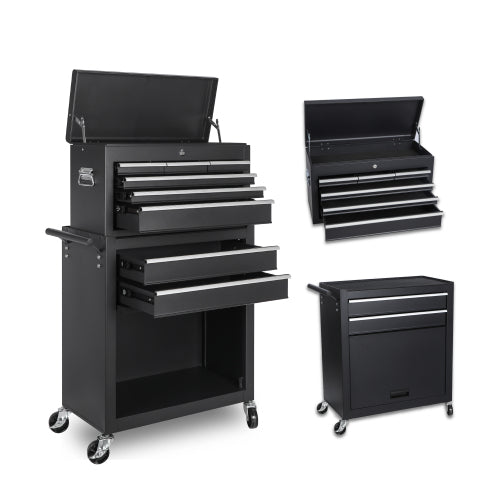 8-Drawer Rolling Tool Chest with Detachable Top Box, Lockable Wheels, Side Hooks