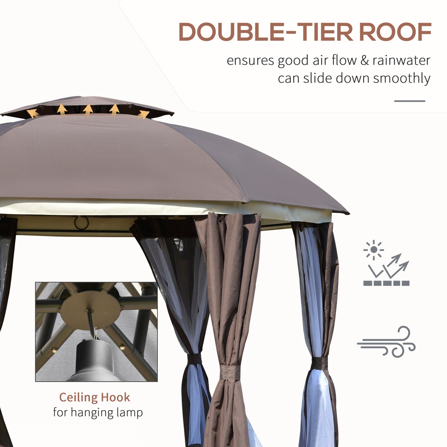 12' Round Outdoor Gazebo Canopy with Double Roof & Curtains