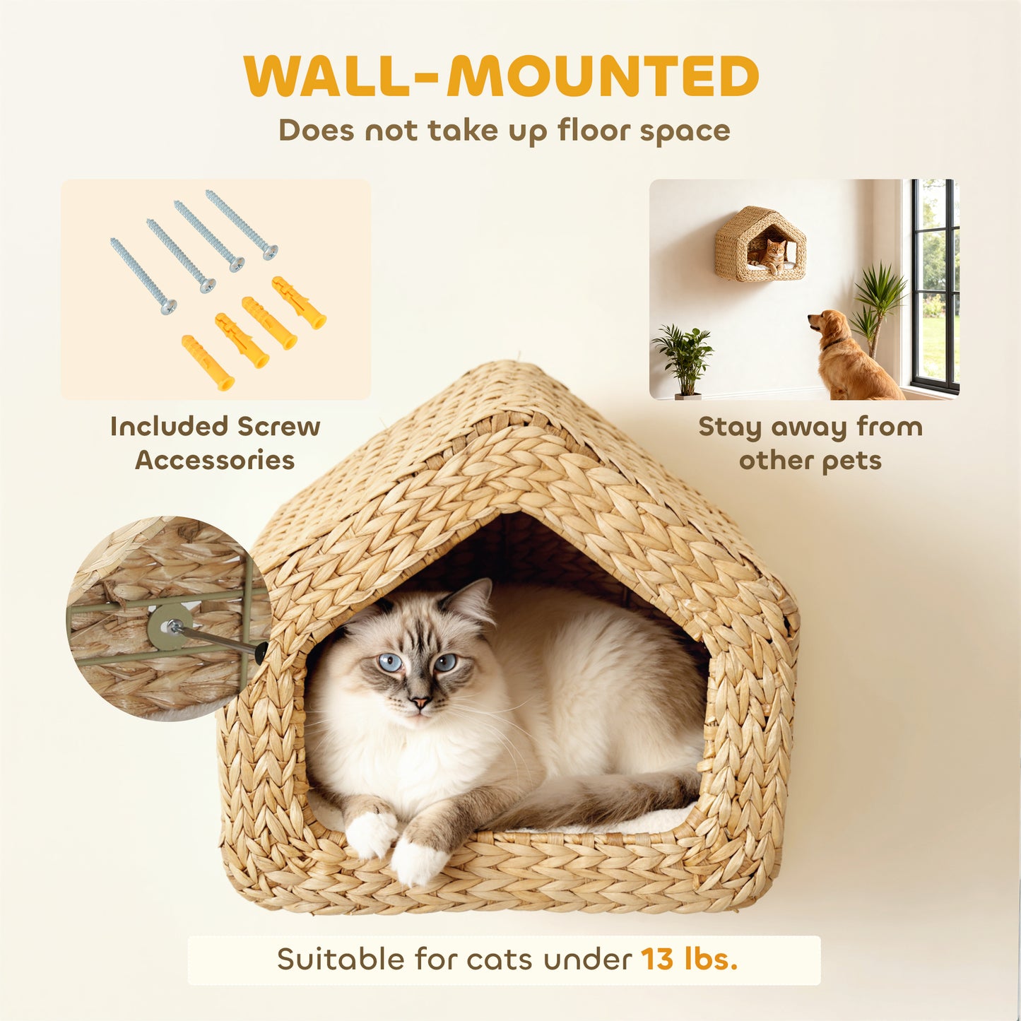 Wall Mounted Cat House with Washable Cushion - Natural Wood Cat Wall Shelf