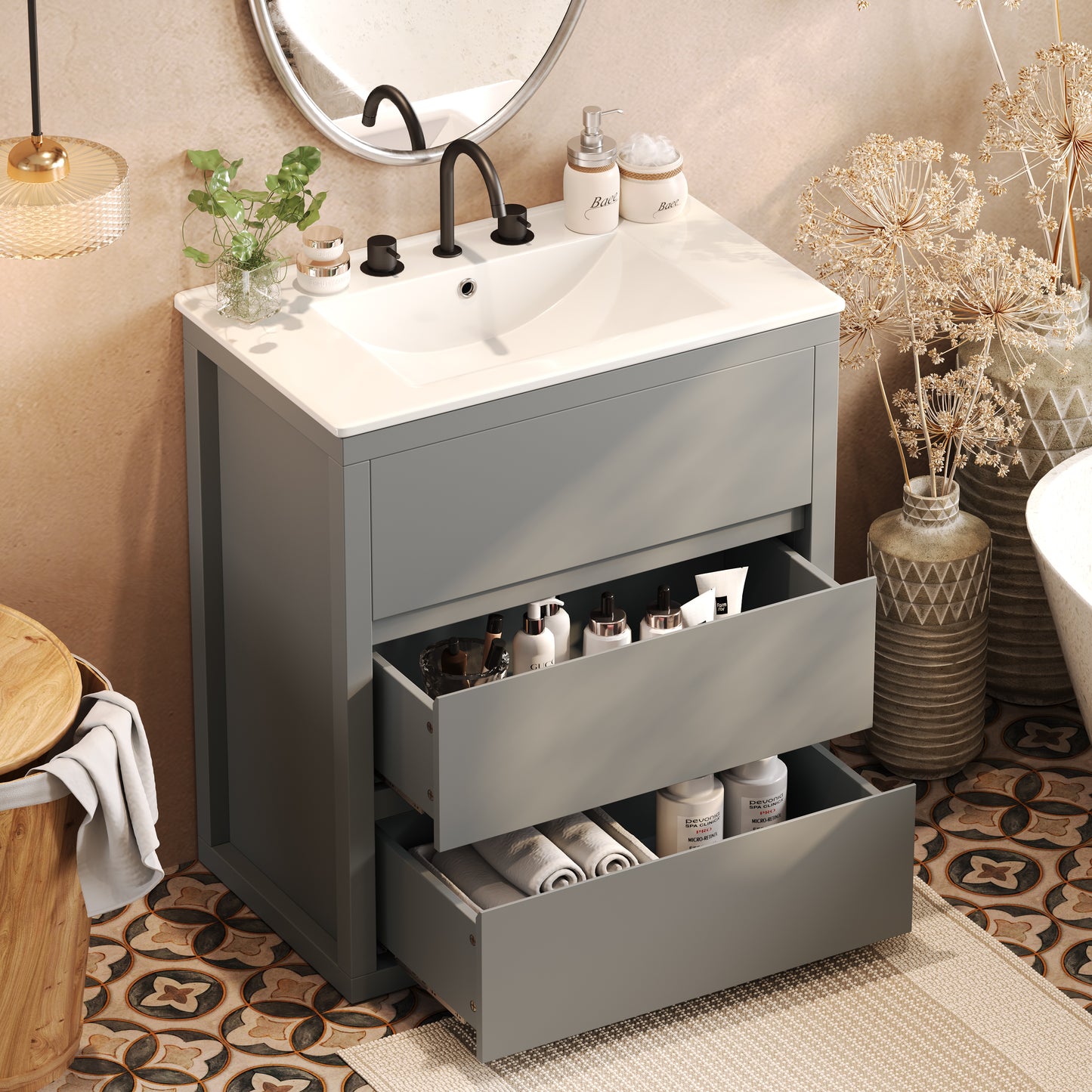 30" Gray Bathroom Vanity with Ceramic Sink & 2 Drawers