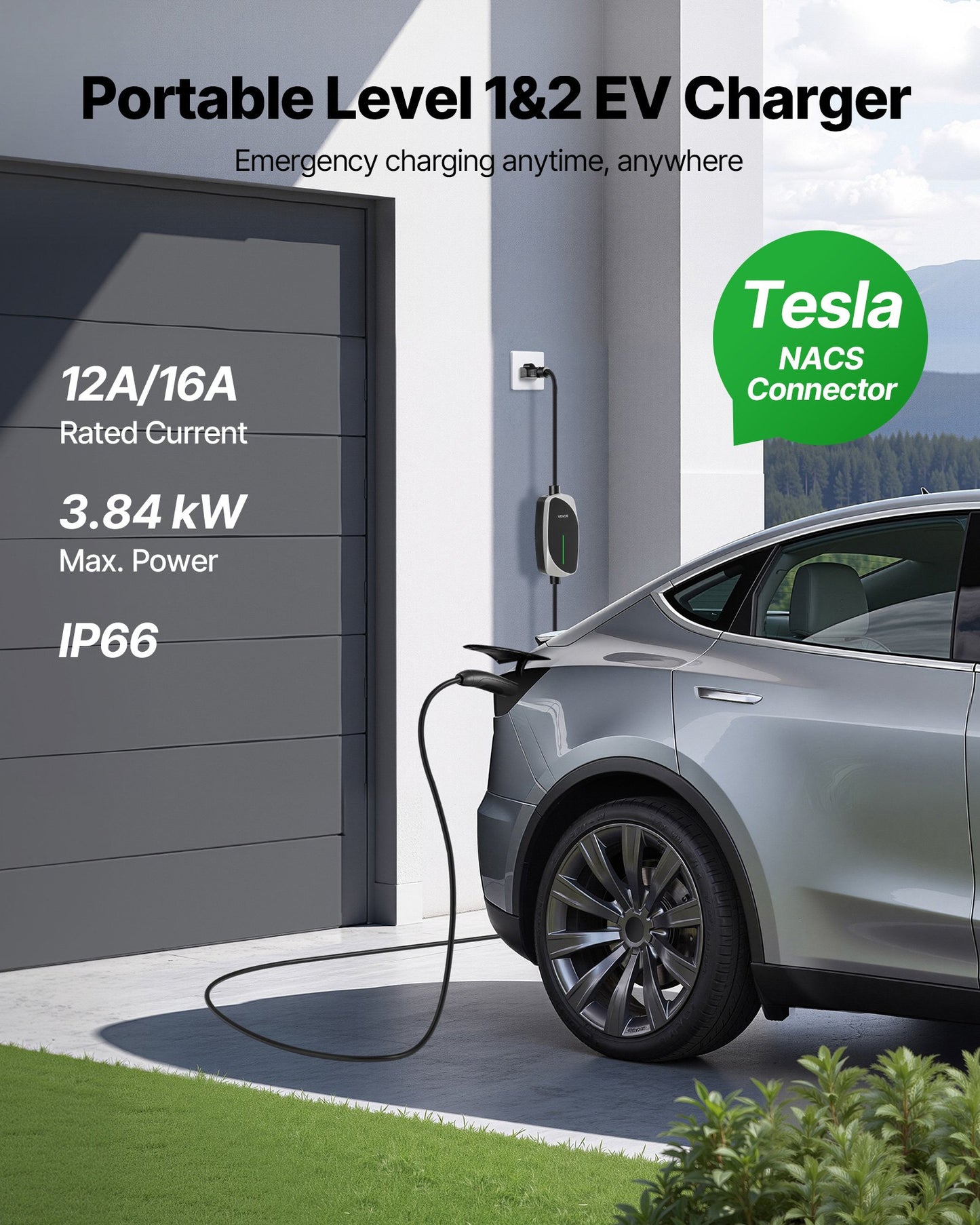 Portable Level 2 Tesla EV Charger 16A 25ft Cable NEMA 6-20P Black