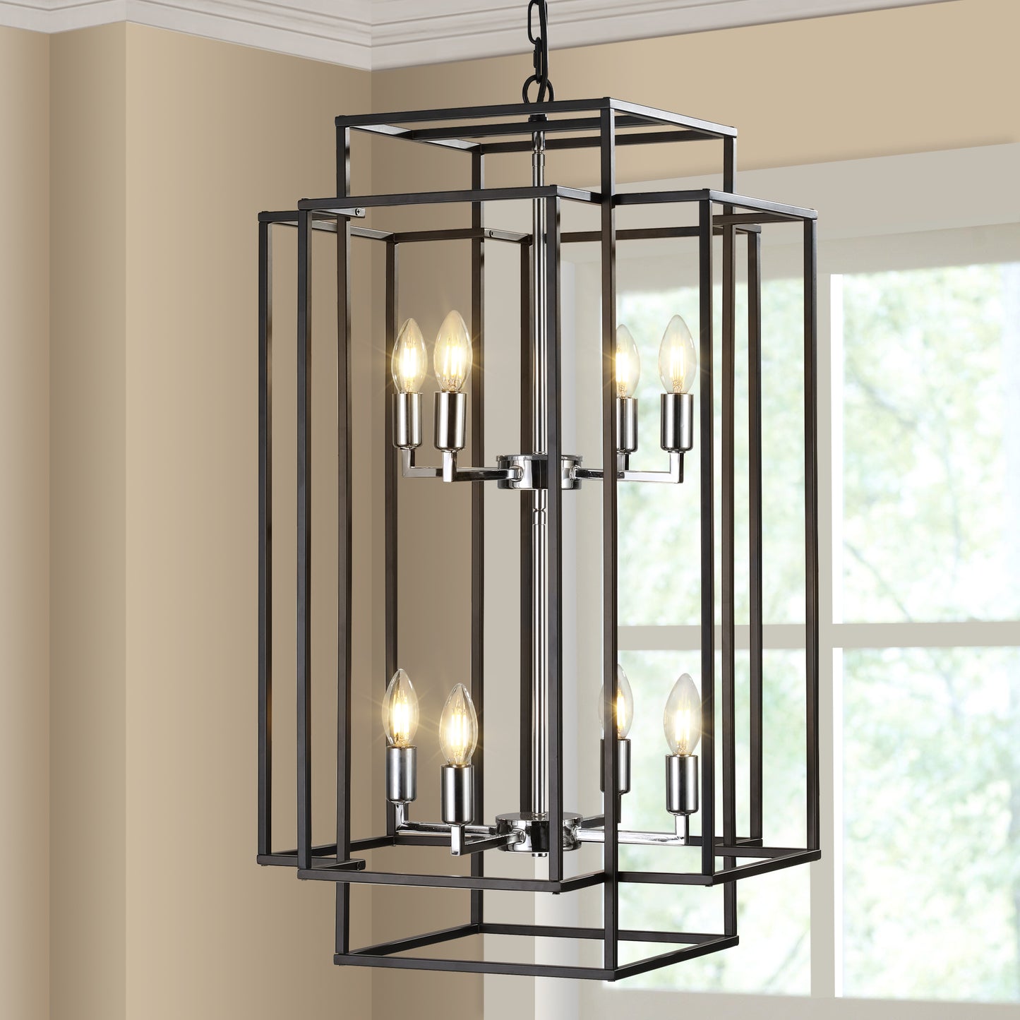 Modern 8-Light Black & Chrome Pendant Chandelier - Adjustable