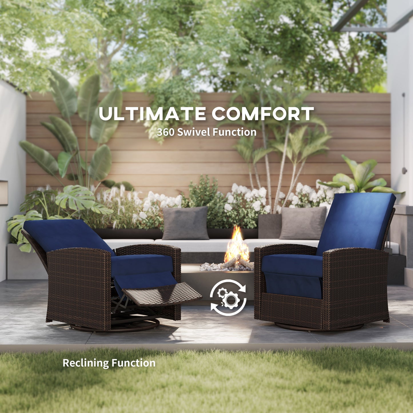Outdoor Wicker Swivel Chair with Reclining Backrest & Footrest - Dark Blue