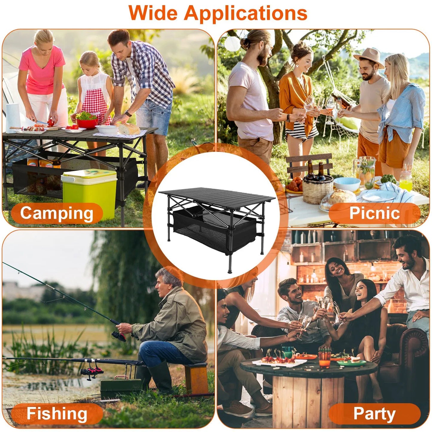 Foldable Camping Table - 220 Lb Capacity with Mesh Basket - Black