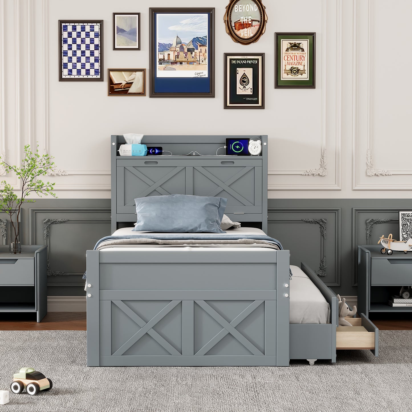 Twin Size Wooden Bed With Storage Headboard Outlets, Extendable