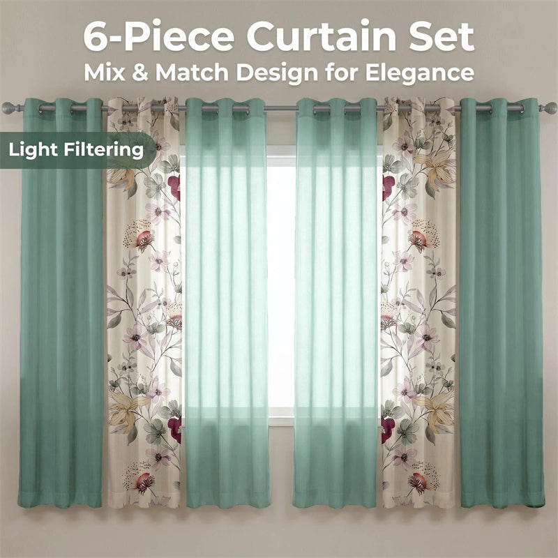 6-Piece Semi-Sheer Curtain Set with Botanical Floral Print