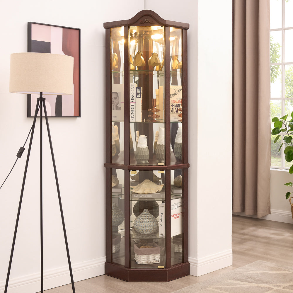 Glass Cabinet Lighted Corner Display Curio Cabinet, With Light Bar