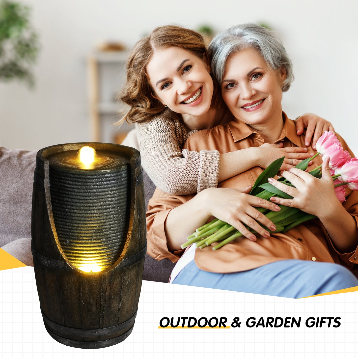 Outdoor Water Fountain with Bird Waterer - Rustic Barrel Garden Feature with LED Lights