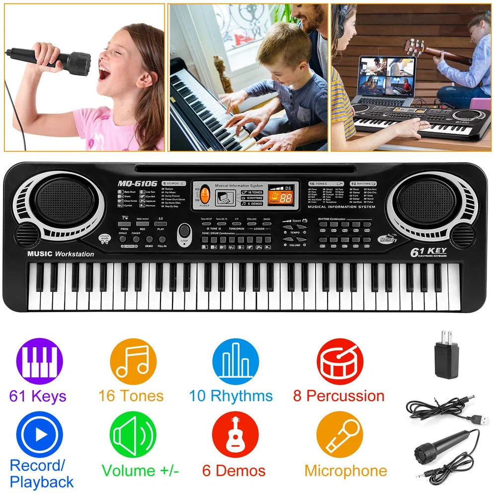 61-Key Digital Electronic Keyboard for Kids - Black Piano Toy