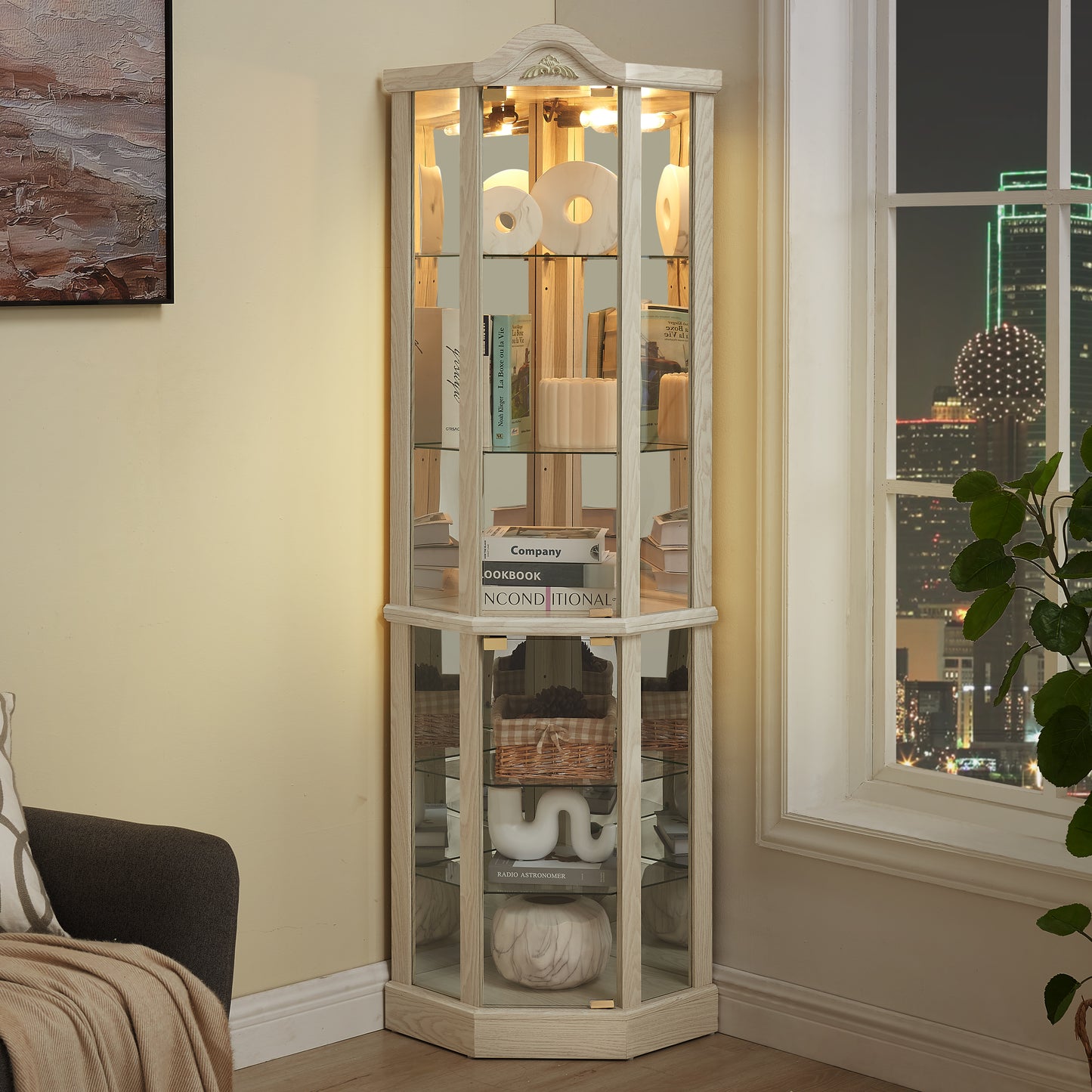 Glass Cabinet Lighted Corner Display Curio Cabinet, With Light