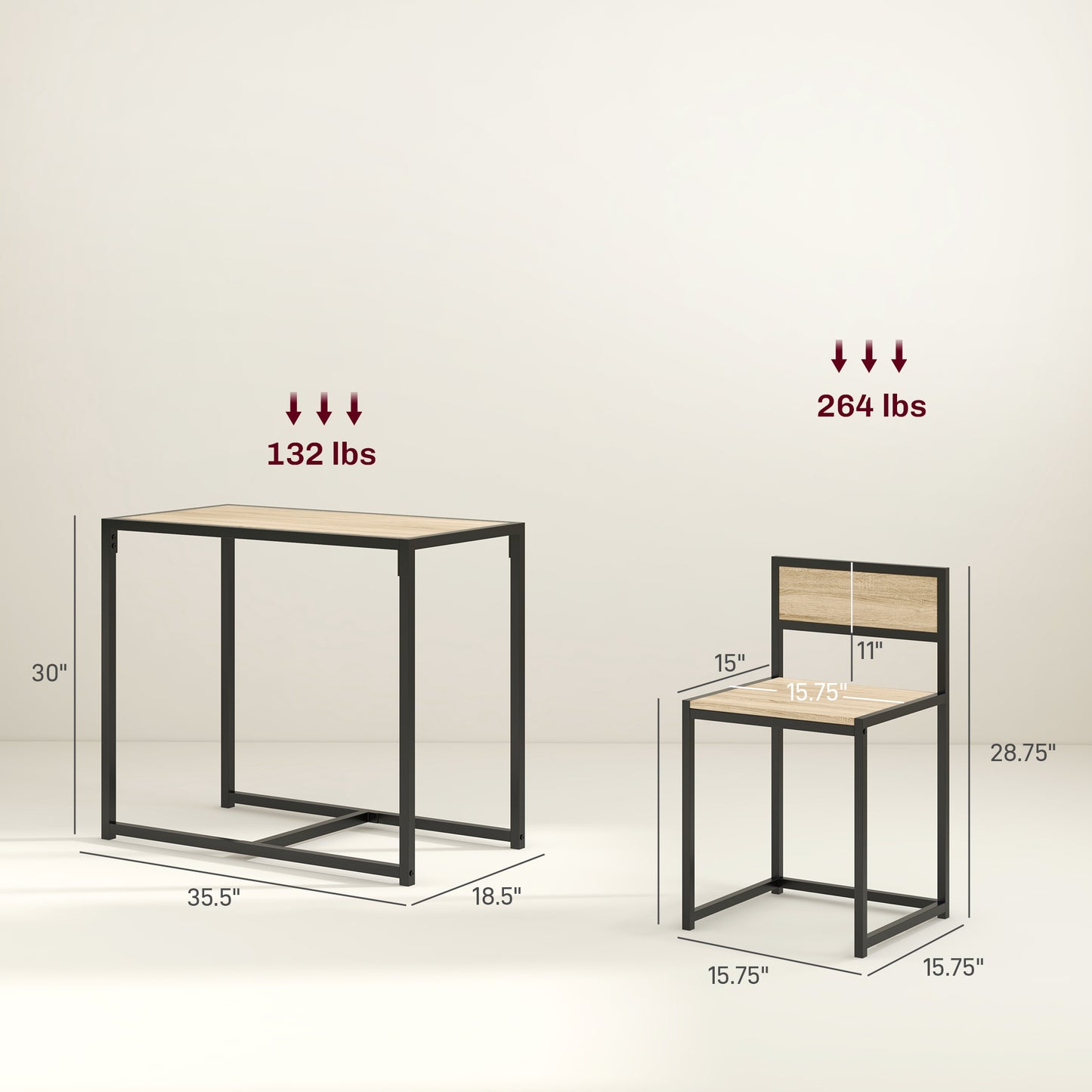 3-Piece Industrial Dining Room Set with Rectangular Table & Chairs - Oak