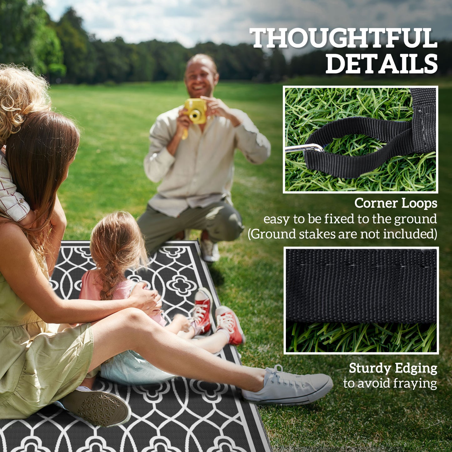 Reversible Outdoor Rug - Waterproof Plastic Straw, 9' x 18' - Black & White Lantern