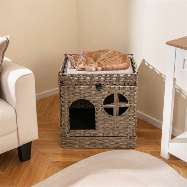 Gray Wicker Cat Condo with Litter Mat & Detachable Cushion - Hidden Enclosure