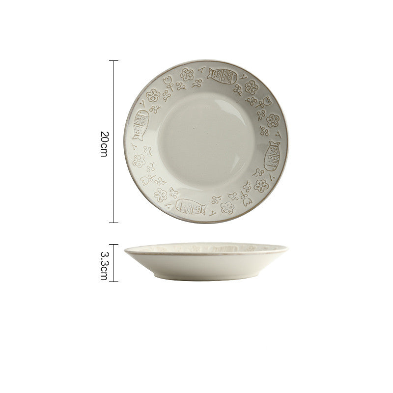 Retro Cat Ceramic Dinnerware Set - Embossed Rice Bowls & Fish Plates