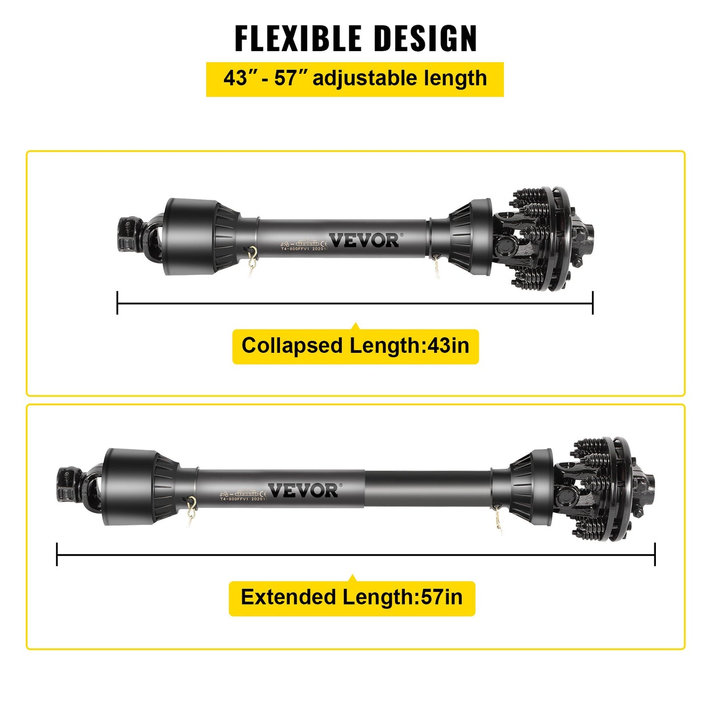 Garden PTO Drive Shaft 1-3/8" 6 Spline, Adjustable Length 43-57" for Tractor, Brush Hog, Finish Mower - Black
