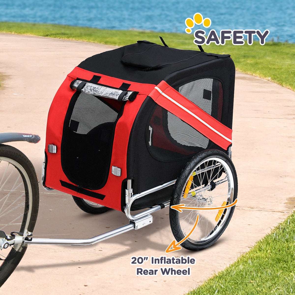 Dog Bike Trailer with Folding Frame, Large Wheels, Mesh Screen, 3 Entrances, for Dogs Up to 44 Lbs - Red & Black