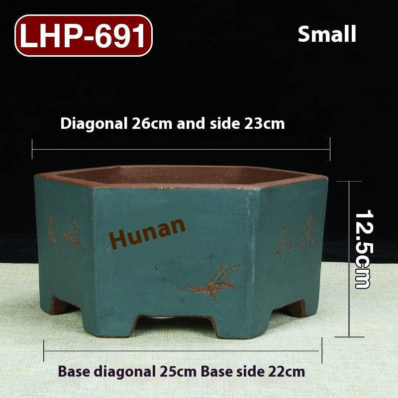 Large Hexagonal Ceramic Bonsai Basin with Purple Sand for Home Garden
