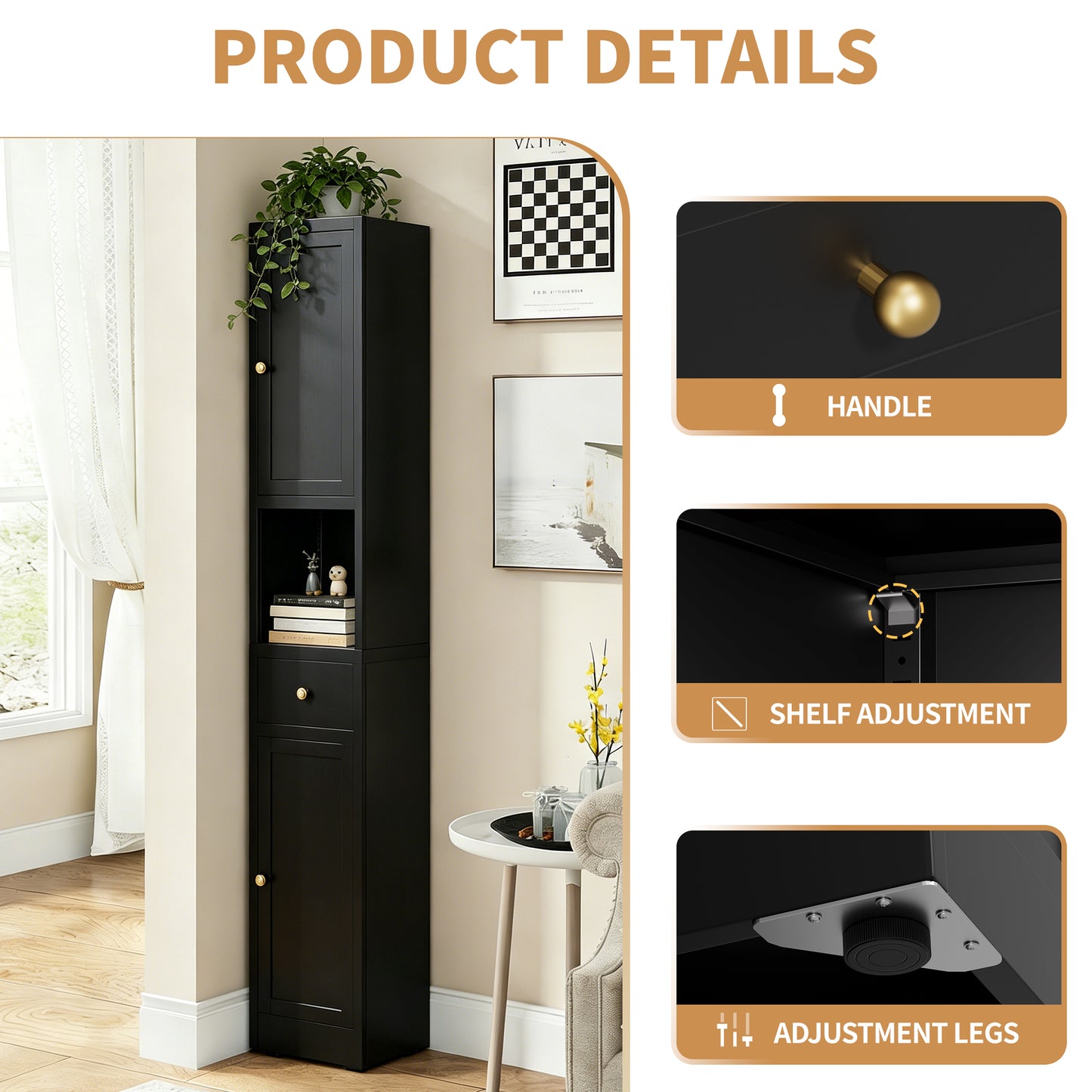 71 Inch Tall Bathroom Storage Cabinet - 5-Tier Freestanding Metal Cabinet, Black