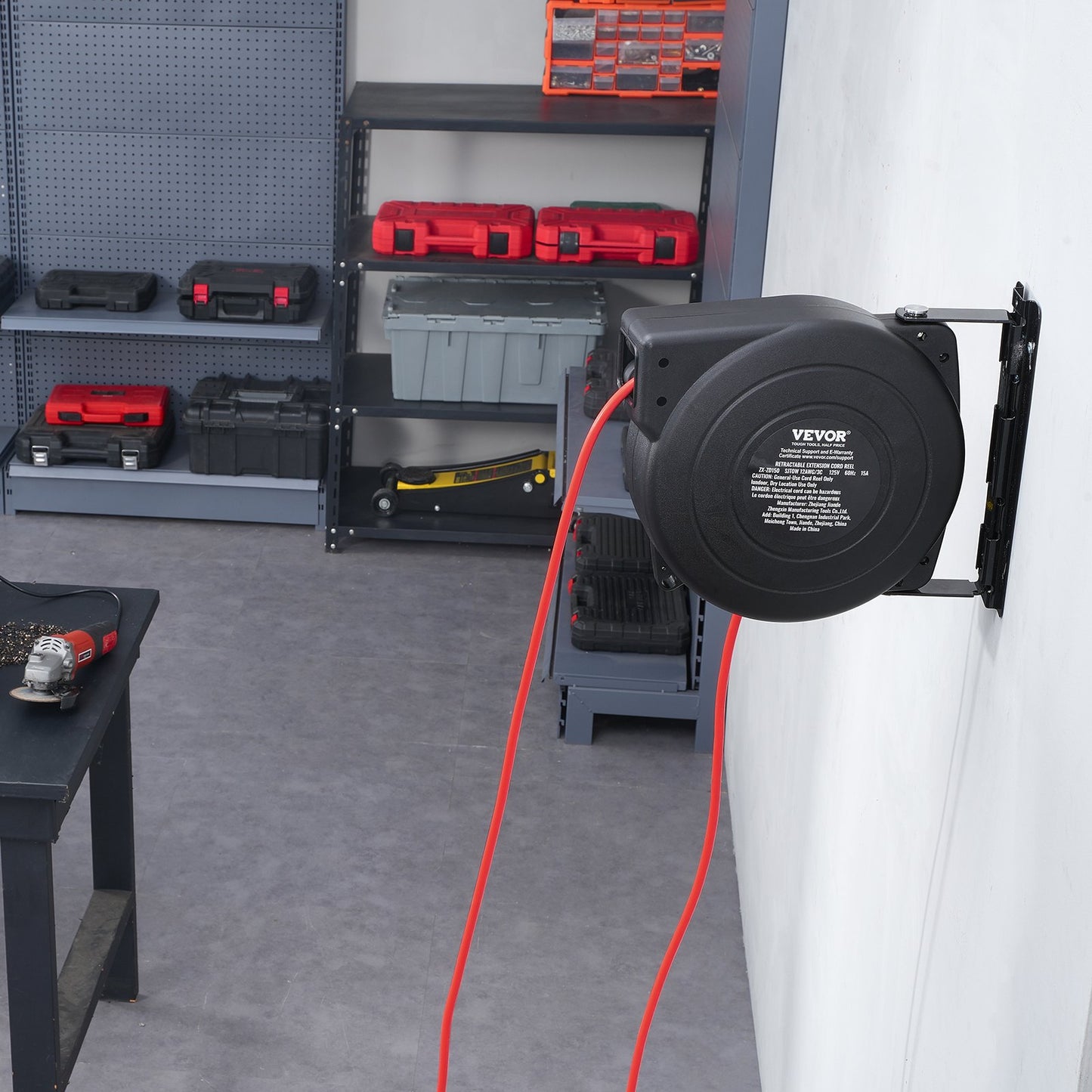 45FT Heavy Duty Retractable Extension Cord Reel with 3 Outlets, Water-Resistant Power Cord