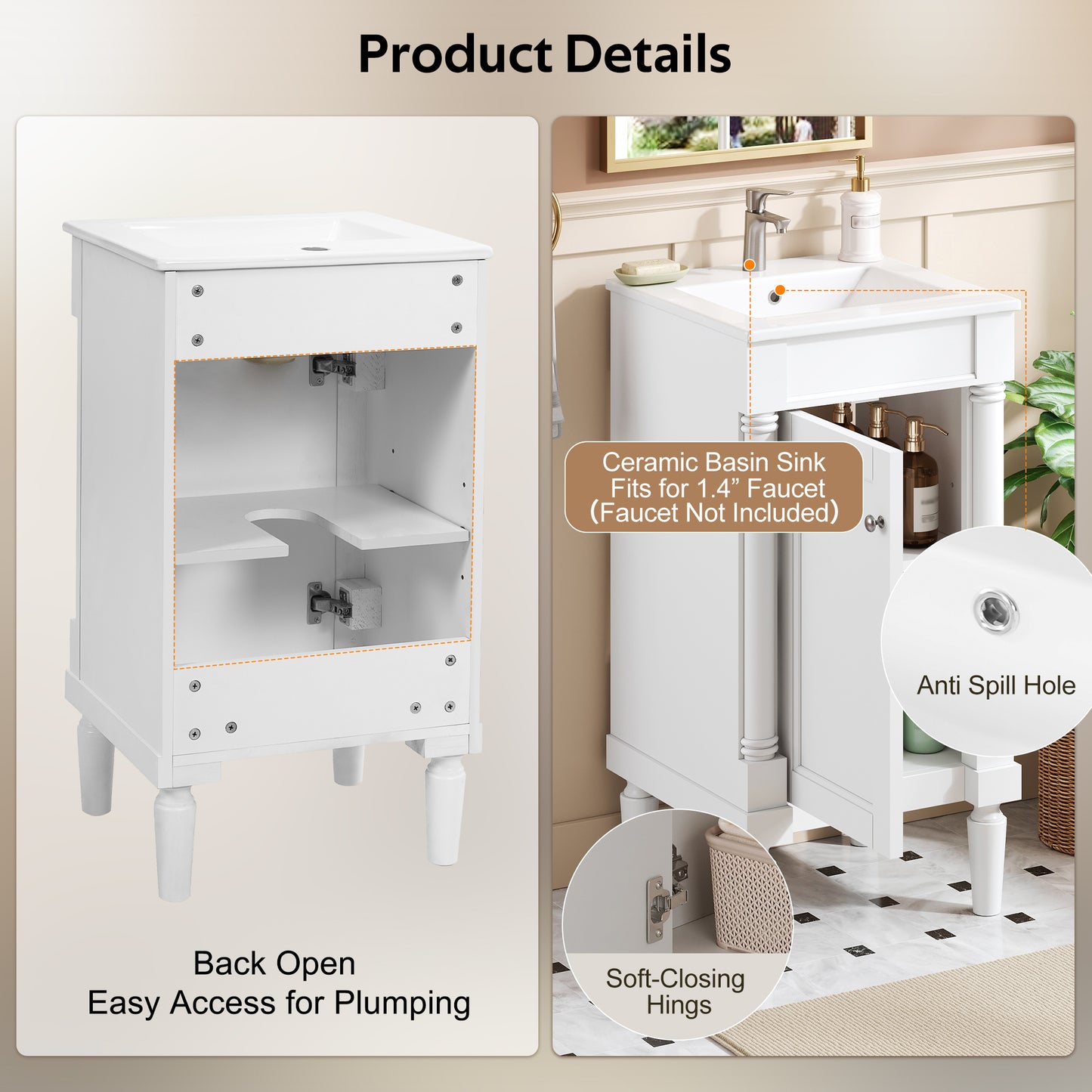 18" French Style Bathroom Cabinet with Ceramic Sink & Storage