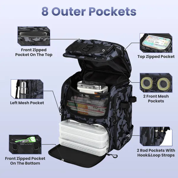42L Fishing Backpack - Large Capacity Tackle Storage Bag with Rod Holders
