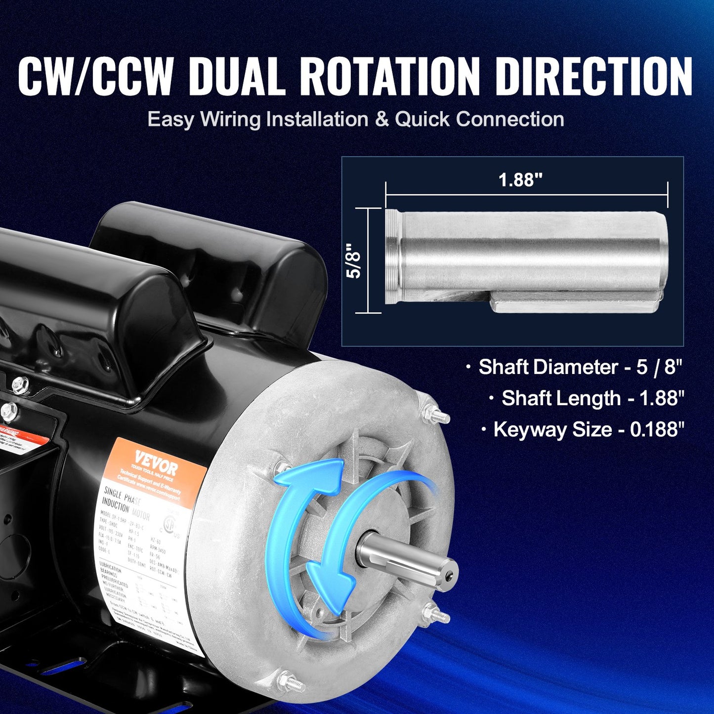 1.5HP Electric Motor 3450 RPM Air Compressor Motor Reversible 56 Frame 115V/230V
