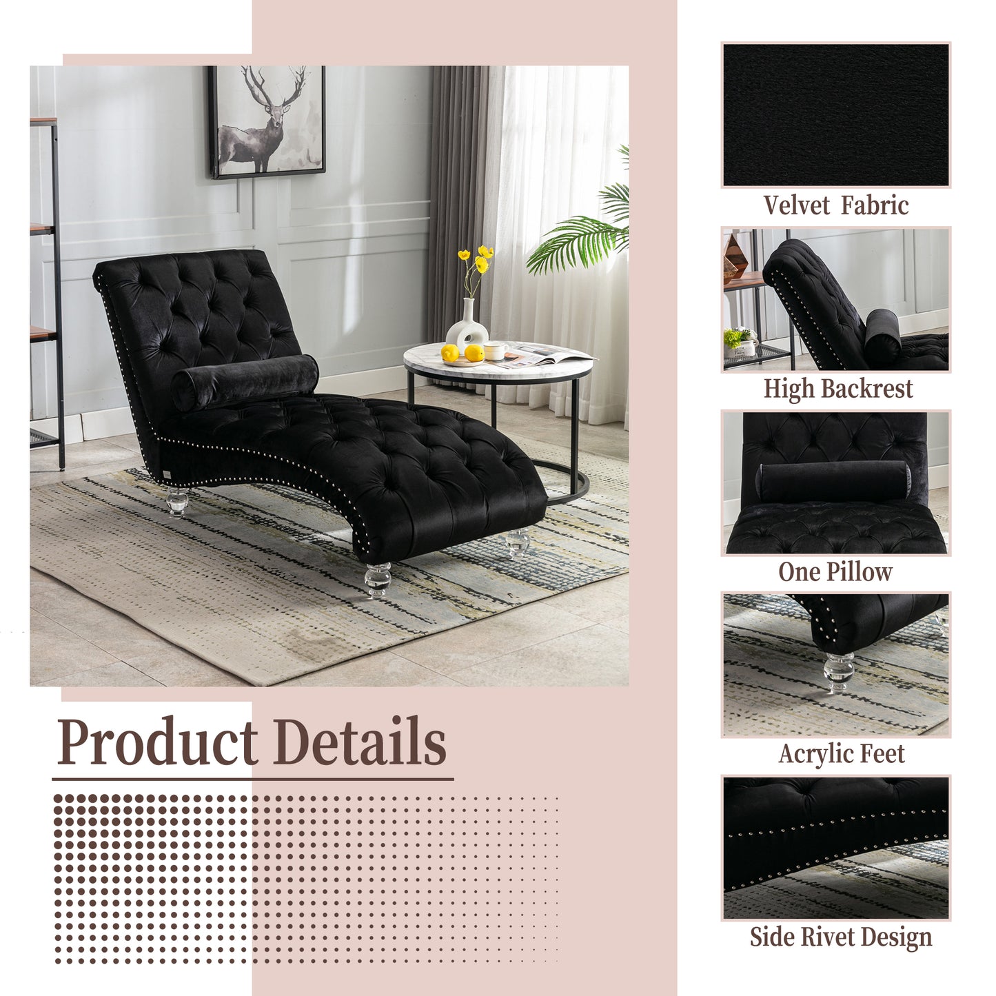 Velvet Chaise Lounge Chair - Button-Tufted with Pillow - Black