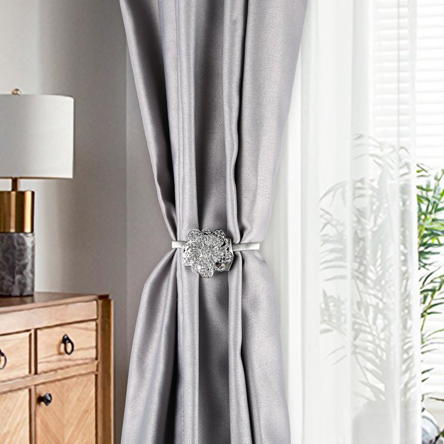 Magnetic Curtain Tiebacks - 2 Pack Silver Floral Holders