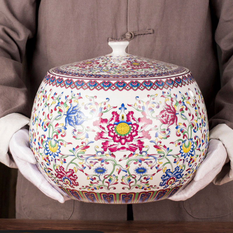 Ceramic Enamel Rice Jar with Sealed Lid - 4-5L Food Storage Container