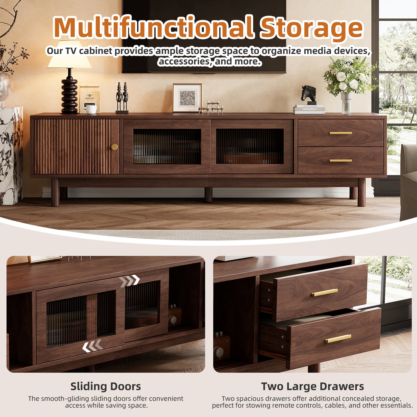 70-Inch Mid Century Modern TV Stand with Glass Sliding Doors