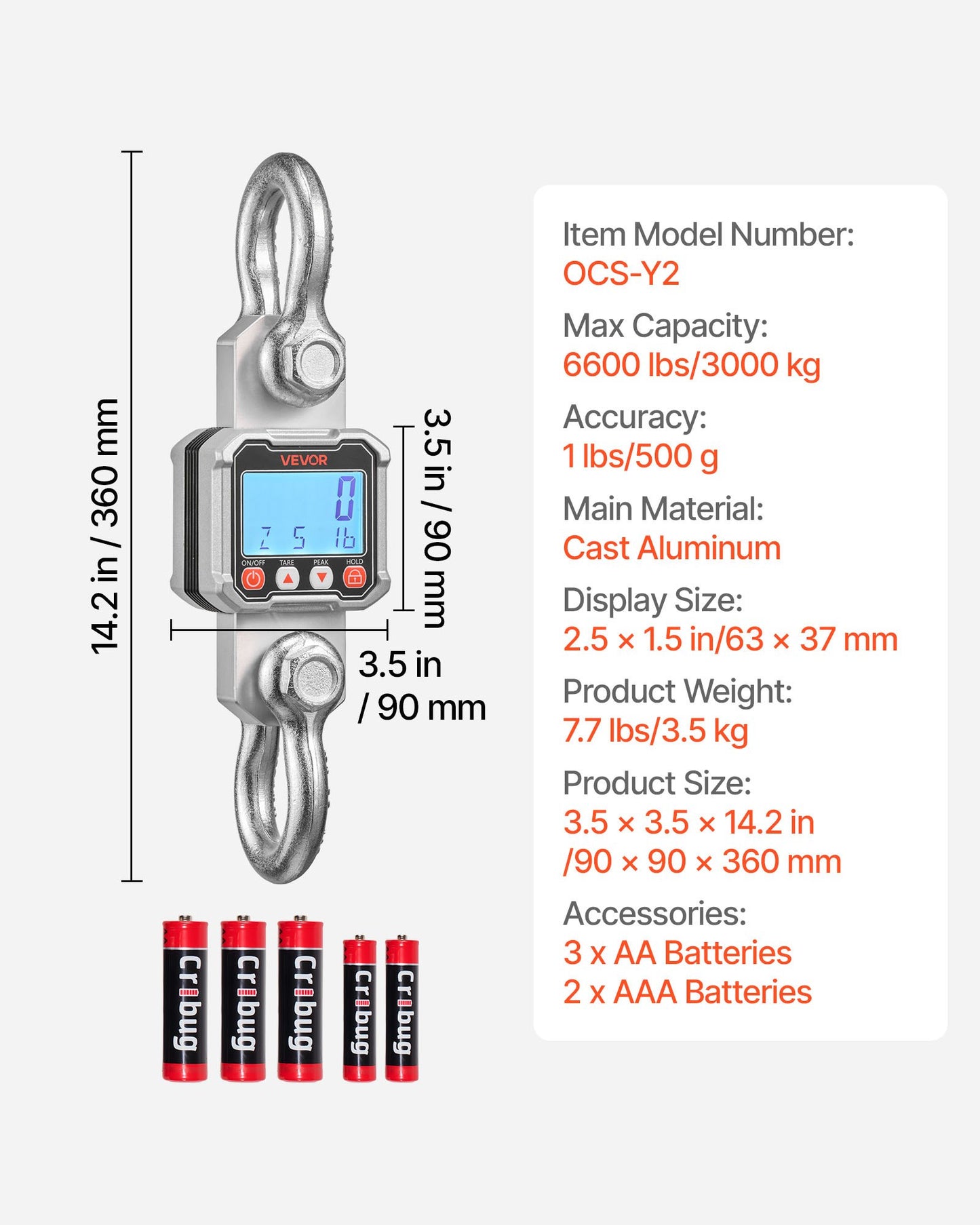 Heavy Duty Digital Crane Scale 6600 lbs/3000 kg with Remote, LCD Display, Aluminum Body