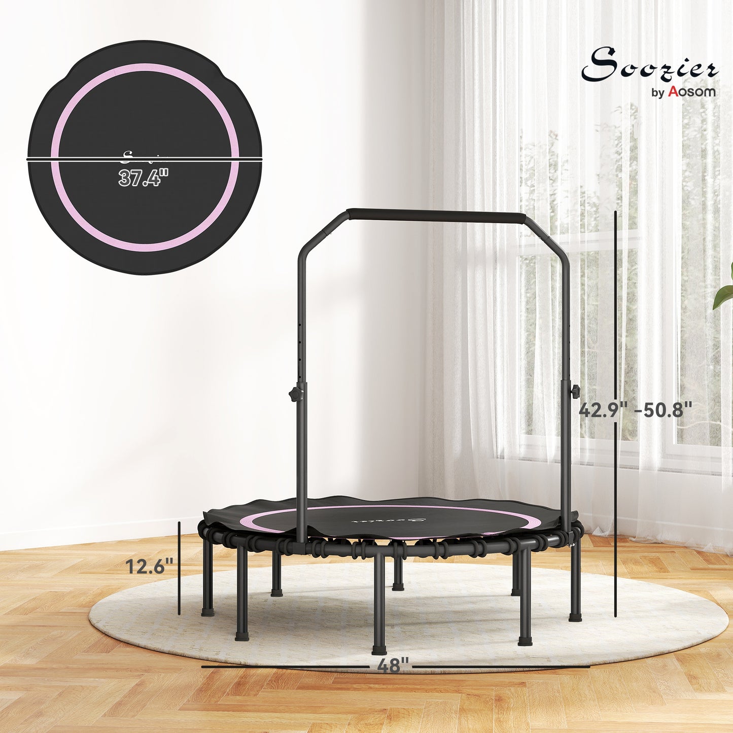 48" Foldable Mini Trampoline with Adjustable Handle - Pink