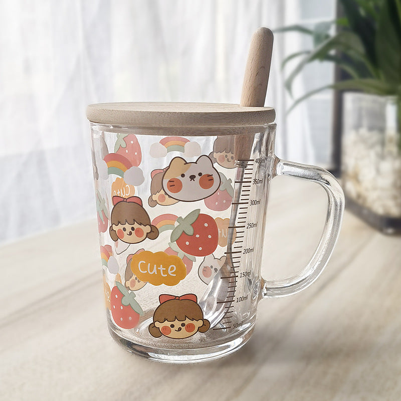 Minimalist Cartoon Glass Water Cup with Straw - Heat-Resistant, 400ML